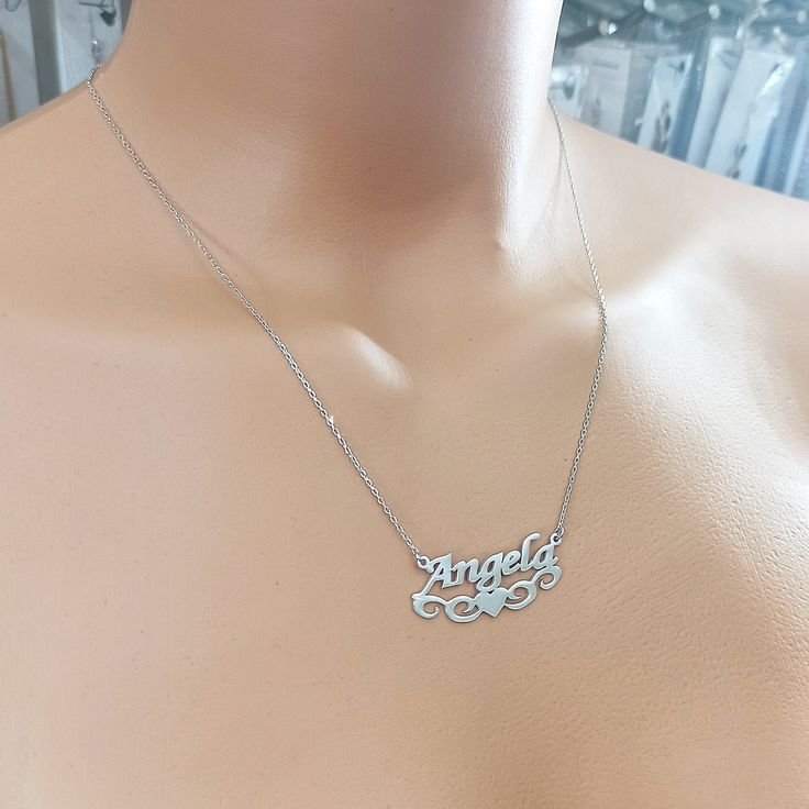 Personalized Name Necklace For Her, Name plate Necklace Heart, Dainty Name Necklace, Customized Jewelry, Gift For Her 🔎 Material: in 925 sterling silver and 14k solid gold ⛓️📏 Chain length: 17.7 inches (45cm), 19.6 inches (50cm), 21,6 inches (55cm) ⛓️ Chain Style: Cable 🎨 Color: rose, silver, gold 🔖 You can choose your preferences from the options ✈️ Ships in 48 hours 🎁 We send it in a wonderful presentation in a wood gift box, certificate, wiping cloth, cute carrying case. ↘️ Click the lin Nickel Free Sterling Silver Name Necklace, Nickel-free Sterling Silver Name Necklace, Silver Nickel-free Nameplate Necklaces, Silver Nickel-free Nameplate Necklace, Customized Silver Heart Necklace, Custom Silver Heart Necklace, Elegant Silver Heart Necklace For Birthday, Silver Heart Necklace With Name For Birthday Gift, Sterling Silver Nameplate Heart Necklace For Anniversary