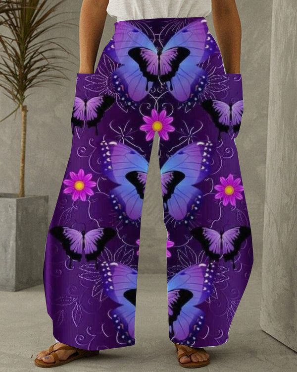 Floral Print Retro Casual Loose Pants S-5xl Baggy Purple Long Pants, Baggy Purple Pants For Spring, Purple Ankle-length Bottoms With Pockets, Purple Ankle-length Pants With Pockets, Purple Baggy High-waisted Pants, Casual Purple Harem Pants For Summer, Non-stretch Purple Pants With Pockets, Baggy High Waist Purple Bottoms, Ankle-length Purple Pants With Pockets