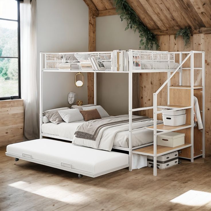 a white bunk bed sitting in a bedroom next to a wooden wall and flooring