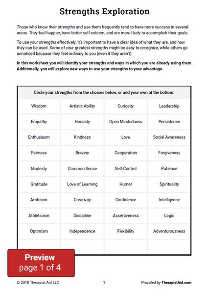 Strengths Exploration (Worksheet) | Therapist Aid Strengths Based Therapy, Strengths Based Therapy Activities, Strength Based Therapy Activities, Peer Counseling, Clinical Counseling, Family Therapy Activities, Crisis Response, Psychology Tools, Personal Strengths