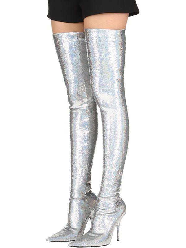 null Glamorous Thigh-high Party Boots, Silver Knee-high Boots For Night Out, Fitted Silver Glamorous Knee-high Boots, Glamorous Knee-high Boots, Glamorous Boots For Club And Party Season, Fitted Sequin Boots For Night Out, Trendy Over-the-knee Boots For Party, Glamorous Knee-high Boots For Night Out, Fitted Boots For Party Season