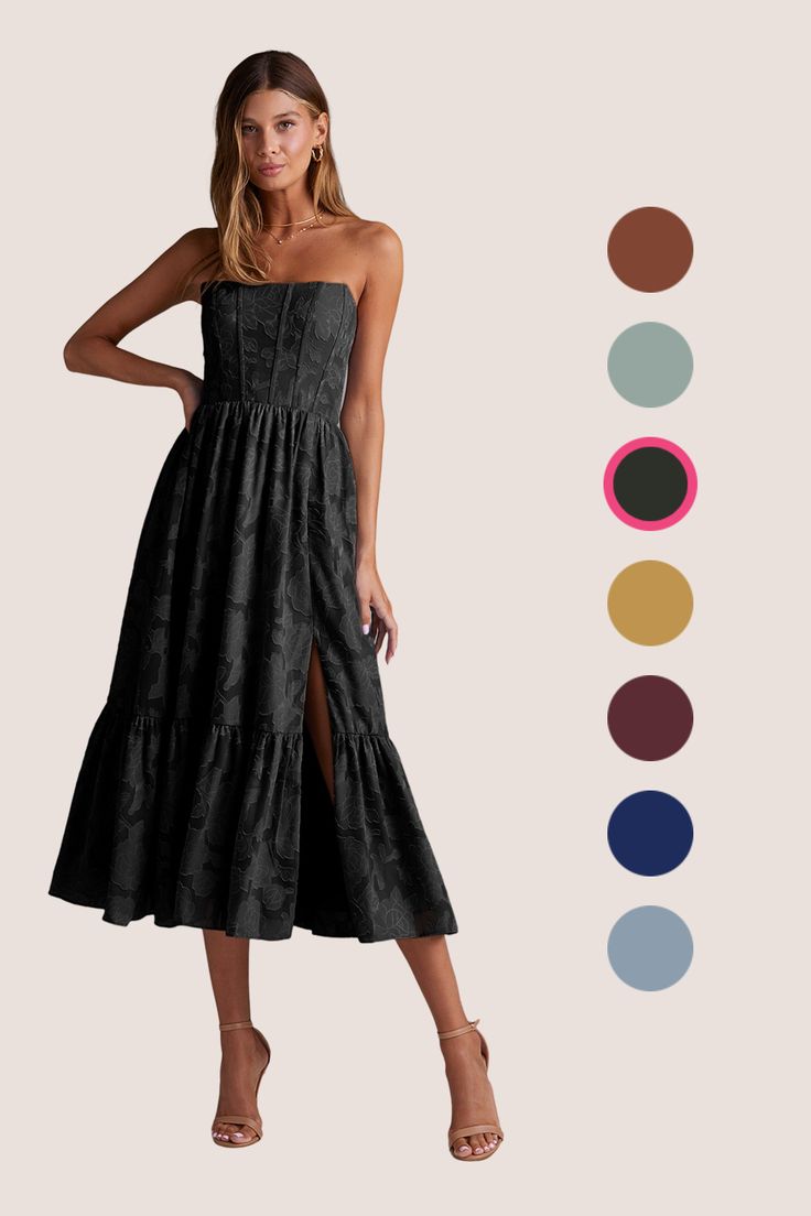 Our bridesmaids dress, Delphina, is cut from our floral burnout fabric. She features a strapless silhouette paired with a self-tie lace-up back and a pleated A-line skirt. Black Bridesmaid Dress, Atelier Dress, Midi Bridesmaid Dress, Black Bridesmaid, Burnout Fabric, Black Bridesmaids, Black Bridesmaid Dresses, Bridesmaids Dress, A Line Skirt