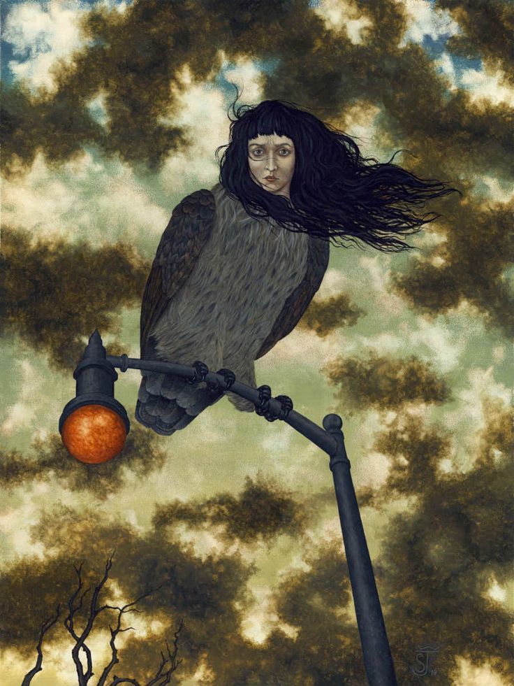 a painting of a woman sitting on top of a street light with her hair blowing in the wind