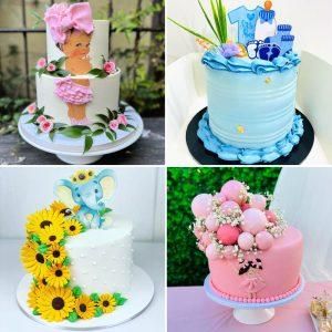 four different cakes decorated with flowers and other things on them are shown in this collage