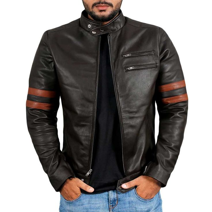 The Dark Brown Biker Leather Jacket with Stripes is a must-have for any fashion-forward biker. Made from real lambskin leather, this is not only stylish but also durable enough to withstand the elements while on the road. The jacket features a quilted polyester lining to keep you warm and comfortable. The zipper closure, zipper cuffs, and stand collar add an extra touch of style.

This jacket also features a chest and two waist pockets for storing your essentials while on the road. The jacket is available in 4 different colors: black, maroon, brown, and tan.

The most striking feature is the stripes on both sleeves that give the jacket a sporty and edgy look. The stripes are a subtle, yet striking detail that makes this jacket stand out from the crowd. Whether you're hitting the open road Cafe Racer Leather Jacket For Motorcycling In Fall, Biker Style Long Sleeve Leather Jacket, Fall Cafe Racer Biker Jacket For Motorcycling, Leather Biker Jacket With Padded Collar For Biker Events, Leather Biker Jacket With Padded Collar, Leather Motorcycle Outerwear With Zipper Closure, Leather Motorcycle Jacket With Zipper Closure, Fitted Leather Cafe Racer Jacket, Leather Cafe Racer Biker Jacket