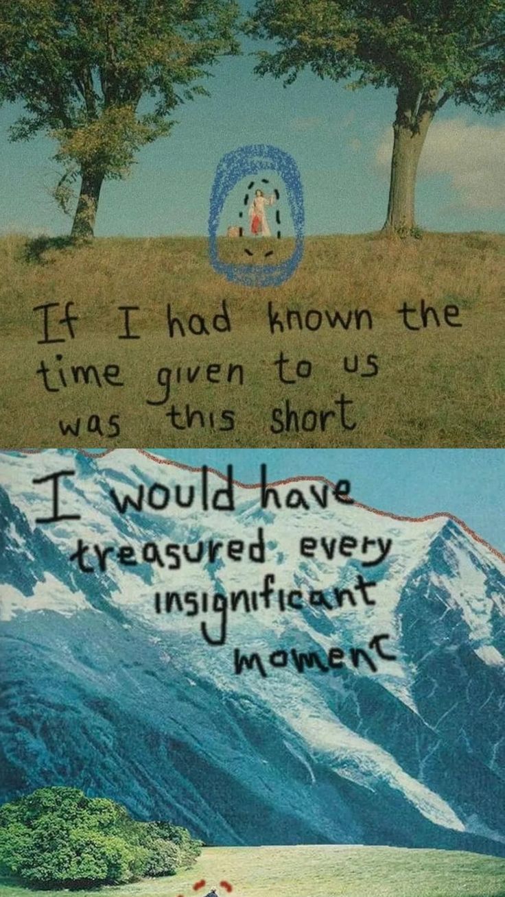 two pictures with trees and mountains in the background, one has a quote on it