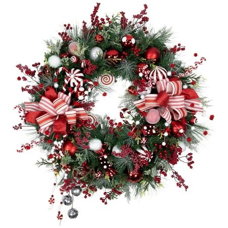 This delightful wreath brings the sweetness of the holiday season right to your doorstep. Unlit and pre-decorated with an array of red and white striped bows, vibrant ornaments, luscious berries, peppermint garland, and faux candies, it's a whimsical treat for the eyes. Whether you hang it on your front door or display it indoors, this peppermint Christmas wreath will instantly transform any space into a festive wonderland. Product Features: Unlit. Two-tone green mixed pine and frosted foliage . Peppermint Garland, Pine Christmas Wreath, Peppermint Christmas, Artificial Christmas Wreaths, Material Wreaths, Pine Wreath, Artificial Flowers And Plants, White Ornaments, Artificial Wreath