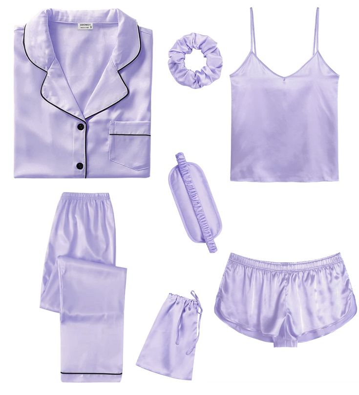 PRICES MAY VARY. 【Package Including】--- 7 Pcs Women Silk Satin Pajamas Set included: Camisole Top*1, Cute Shorts*1, Short Sleeve Shirt*1, Long Pant*1, Hair band*1, Eye mask*1, Pajamas Storage bag*1 【Premium Material】--- This women pajama set is made of high-quality satin(95% Polyester, 5% Spandex), which is very soft, lightweight, and comfortable. The whole pajamas set you can wear almost anywhere anytime is a casual and relaxing time, women silky pjs set is a must-have in your daily live. 【7Pcs Shorts Pjs, Womens Pj Sets, Bridal Sleepwear, Silk Pjs, Satin Pjs, Bridal Pajamas, Pjs Set, Cute Pjs, Cute Pajama Sets