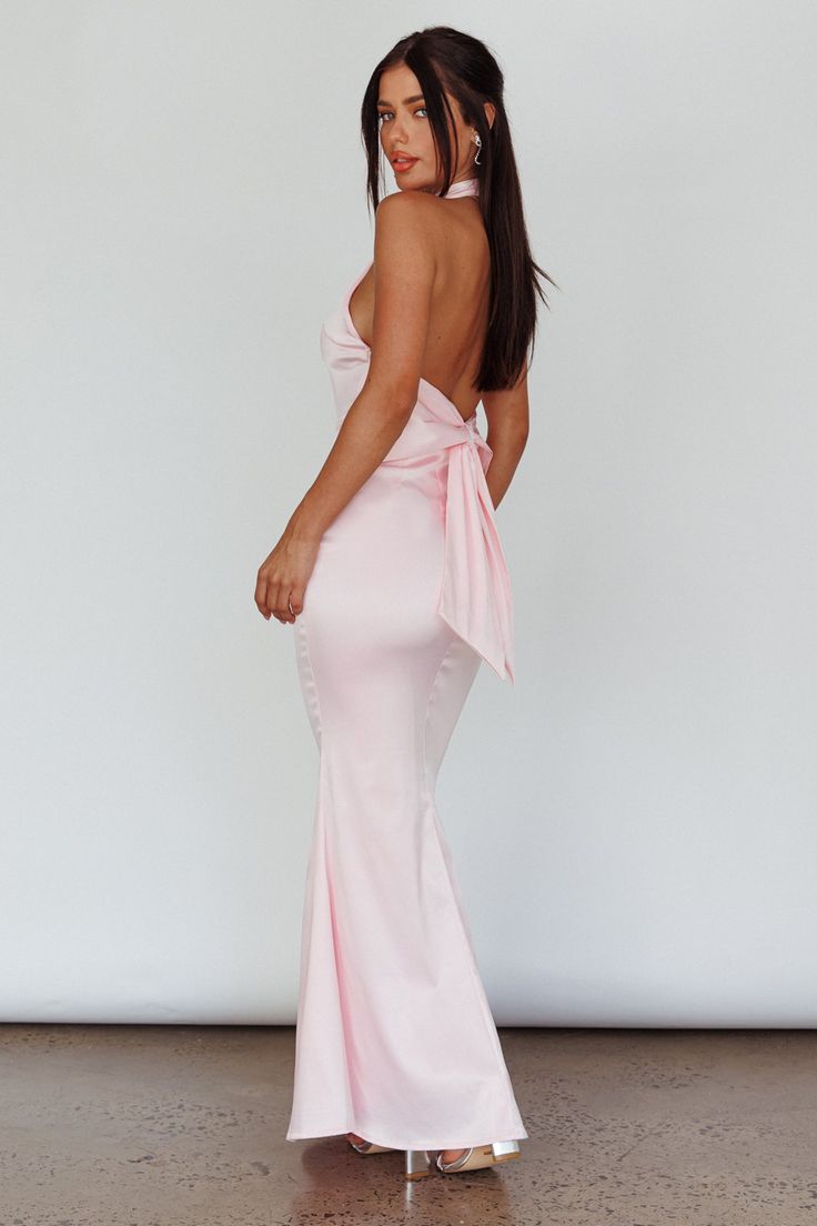 Pink Fitted Gowns, Pink Fitted Formal Dress, Light Pink Formal Square Neckline Dress, Long Pink Dress Formal Accessories, Long Blush Pink Dresses, Light Pink Bridesmaid Gowns, Pastel Pink Dresses Formal, Classy Pink Prom Dress, Backless Pink Dress