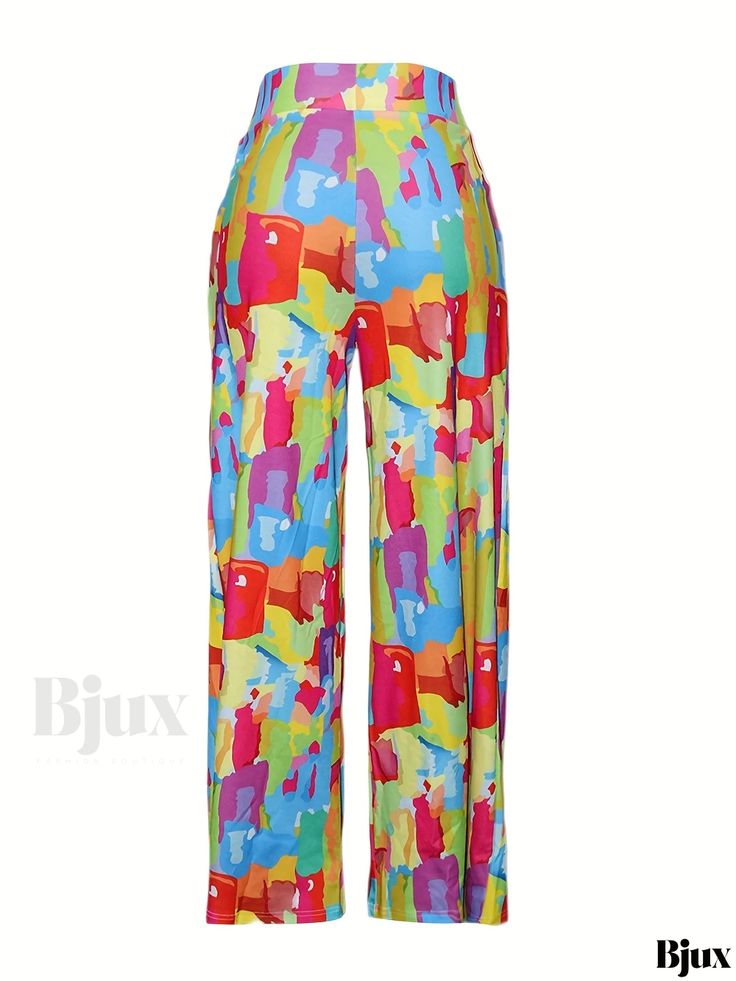 Bjux - Bohemian Tapestry Print Wide Leg Pants, Relaxed Fit Trousers for Spring & Summer, Womens Apparel Summer Patterned Bottoms For Loungewear, Multicolor Full Length Pants, Summer Patterned Printed Wide Leg Pants, Stretch Patterned Bottoms For Summer, Summer Stretch Patterned Bottoms, Summer Patterned Printed Pants, Multicolor Full Length Summer Bottoms, Summer Patterned Wide Leg Harem Pants, Multicolor Printed Harem Pants For Summer