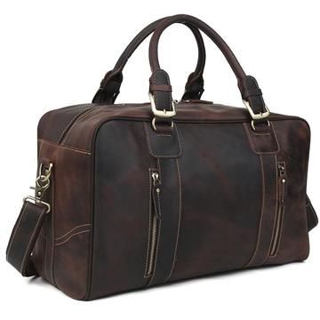 Genuine Leather Duffle Bags Vintage Travel Satchel With Zipper Pocket, Vintage Satchel Weekender Bag For Travel, Vintage Leather Weekender Bag With Large Capacity, Vintage Large Capacity Duffle Bag, Vintage Rectangular Weekender Bag For Travel, Vintage Duffle Bag With Luggage Sleeve For Trips, Brown Duffle Bag With Zipper For Overnight Trips, Brown Duffle Bag For Overnight Trips, Vintage Satchel Duffle Bag For Trips