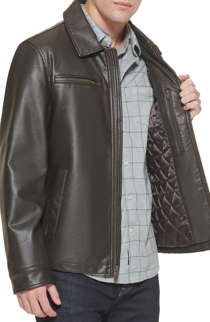 Wind resistant stylish faux leather is given and even more stylish flair with a diamond quilted inner lining for extra warmth. Spread collar Long sleeves with adjustable button cuffs Front zip closure Chest pockets; waist slant pockets 100% polyurethane shell; 85% rayon, 15% polyester back Machine wash Imported Model stats: 6'1" height, 32" waist. Model is wearing size M. Casual Leather Jacket With Faux Fur Lining, Winter Faux Leather Outerwear With Button Closure, Classic Faux Leather Outerwear For Winter, Classic Quilted Leather Jacket For Winter, Brown Faux Leather Outerwear With Button Closure, Classic Faux Leather Outerwear For Fall, Business Faux Leather Outerwear With Pockets, Business Outerwear With Pockets In Faux Leather, Business Outerwear In Faux Leather With Pockets