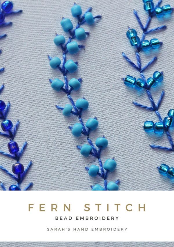 the front cover of fern stitch bead embroidery, featuring blue flowers and green leaves