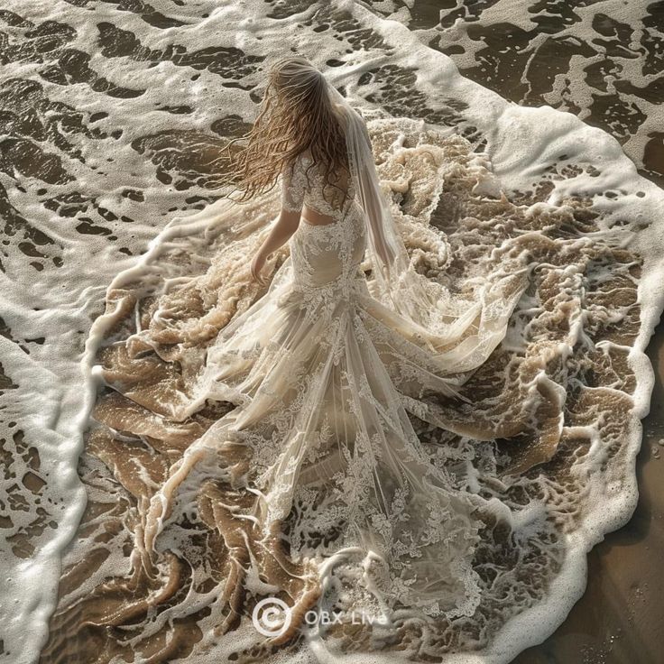 a woman standing in the ocean with her back to the camera, wearing a white dress