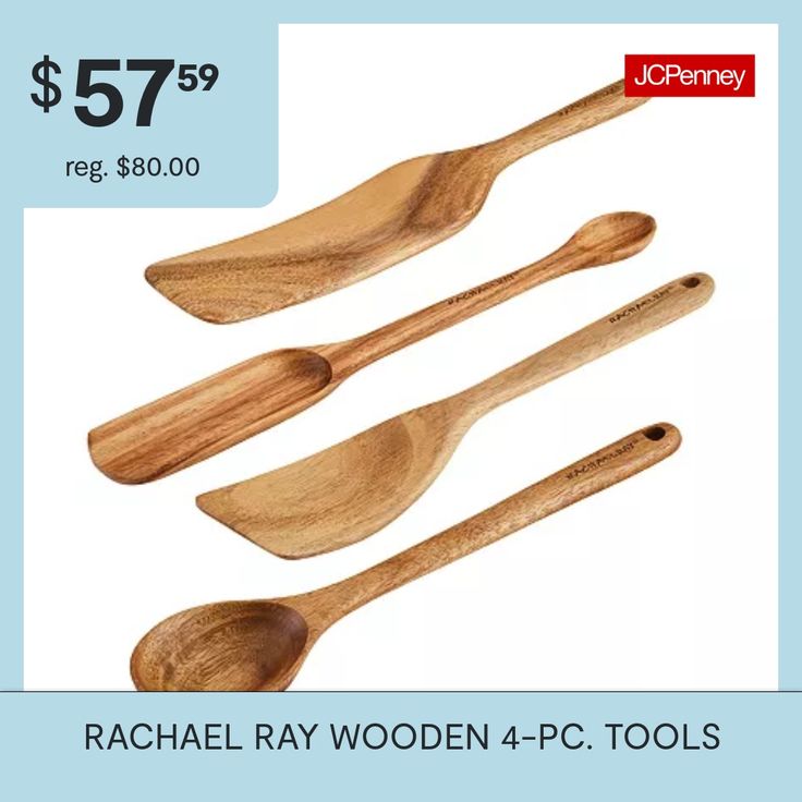 three wooden spoons are on sale for $ 59 95 reg $ 800 00 or rachael ray wooden 4 - pc tools