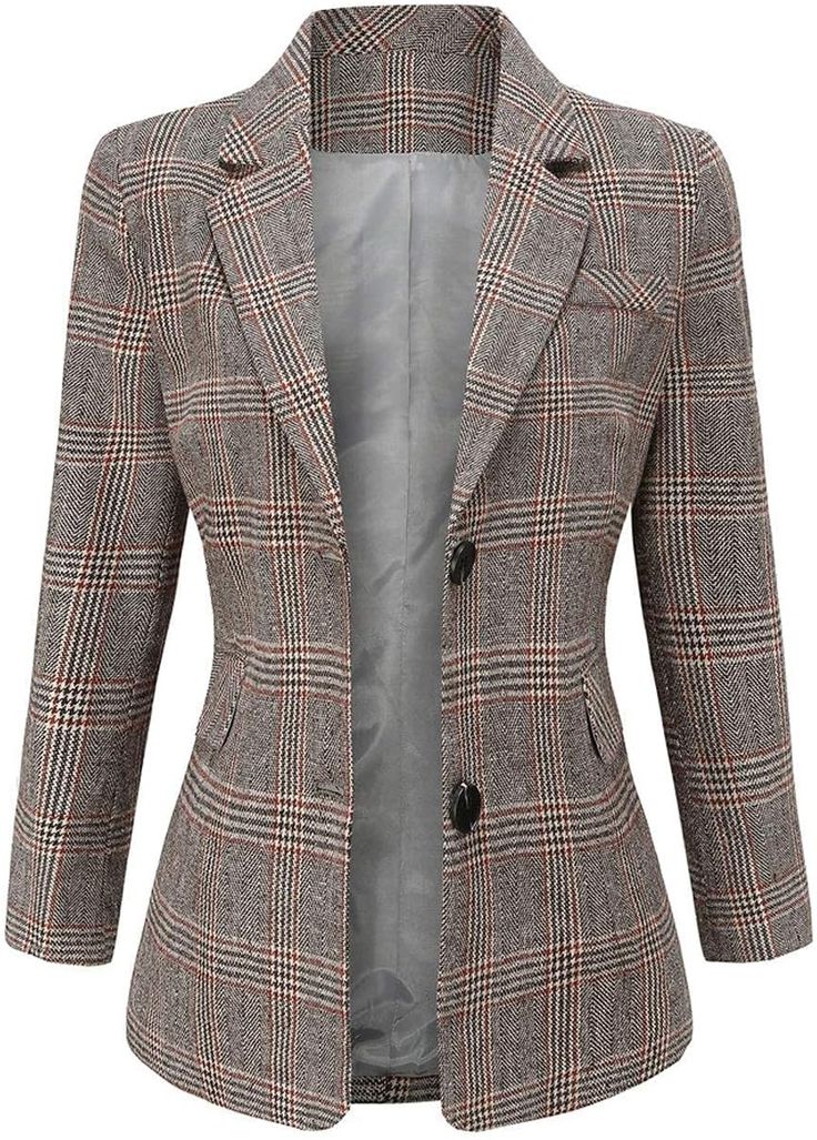 This Women's Grey Plaid Long Sleeve Business Blazer Jacket offers a sophisticated and professional design. The plaid pattern adds a touch of style, while the long sleeve feature keeps you warm and stylish. Perfect for any business setting, this jacket will elevate your outfit and showcase your expertise. Fabric: 85%Polyester, 15%Wool, Lining:100%Polyester Dry Clean Only, Hand Wash Only Long sleeves. Stand collar. 2 side entry hand pockets for convenience. Brand Size Dress Bust Waist Hip XS 0-2 3 Elegant Plaid Outerwear For Business Casual, Winter Office Tweed Jacket With Houndstooth Pattern, Winter Houndstooth Tweed Jacket For Office, Elegant Plaid Outerwear With Notch Lapel, Fitted Long Sleeve Tweed Jacket For Business, Elegant Plaid Single-breasted Outerwear, Winter Long Sleeve Blazer For Office Wear, Elegant Houndstooth Blazer For Winter, Elegant Plaid Outerwear With Lapel Collar