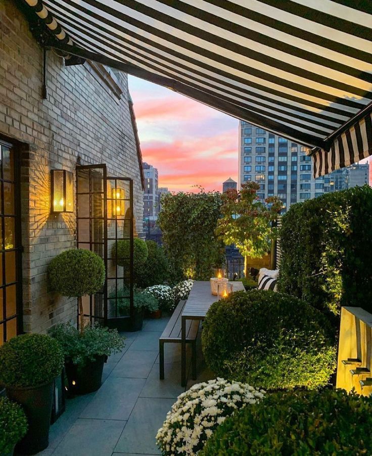 an outdoor patio with potted plants and lights