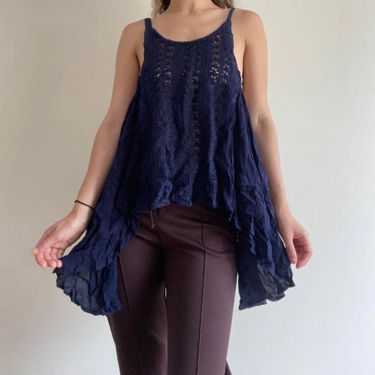 Navy Blue Nwt Crochet Lace Tank The Cutest Tiered Tank Top Crocheted Knit Flowy & Loose Boho Vibes Fits Bohemian , Earth Grunge , Faerie , Fairycore , Prairie , Festival, Coachella Aesthetic Sleeveless Shirt In A Dark Deep Navy / Indigo Color Brand Vintage Havana Dead Stock / Brand New With Tags / Nwt Orig $39 At Fox Boutique Size Small Modeled On Medium Rayon & Cotton Great Summer Business Casual Top , Or Perfect For A Beach Day , Sunday Brunch (K) Blue Bohemian Top With Crochet Trim, Blue Crochet Lace Top, Blue Lace Crochet Top For Summer, Blue Lace Crochet Top, Blue Bohemian Lace Top, Sleeveless Blue Lace Tops, Blue Lace Sleeveless Tops, Blue Lace Tops For The Beach, Blue Pointelle Knit Top For Summer