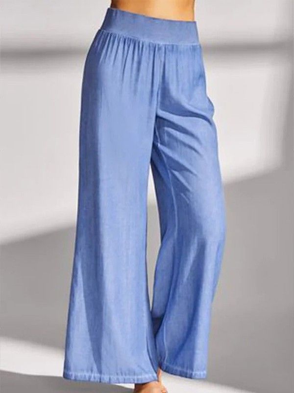 Cheap Blue Capris With Elastic Waistband, Vacation Straight Leg Bottoms In Solid Color, Solid Color Pants For Vacation, Straight Pants For Vacation In Solid Color, High Waist Solid Color Pants For Vacation, Baggy Solid Color Bottoms For Vacation, Blue Non-stretch Vacation Pants, Summer Solid Color Wide-leg Pants, Vacation Solid Color Wide Leg Bottoms