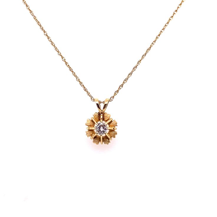 "Vintage 14k yellow gold diamond pendant necklace. The round diamond weighs approximately .30ct and has a beautiful sparkle and shine. The diamond quality is H color and VS2 clarity. The diamond is set in a unique 8 prong tulip setting with hearts and crown designs between the prongs. The 14k gold setting measures 11.3mm in diameter and has a rabbit ear bail. The 14k yellow gold rope link chain measures 1.3mm wide is 16\" long. The pendant with the chain weighs 2.69 grams." Gold 14k Diamond Necklace With Single Diamond, Yellow Gold Brilliant Cut Diamond Flower Pendant Necklace, Gold Diamond Necklace With Prong Setting, Classic Gold Diamond Necklace With Flower Pendant, Yellow Gold Diamond Necklace With Single Pendant, Elegant Diamond Necklace Stamped 14k, Fine Jewelry 14k Stamped Diamond Round Pendant Necklace, Elegant 14k Stamped Diamond Necklace, Gold 14k Single Diamond Necklace