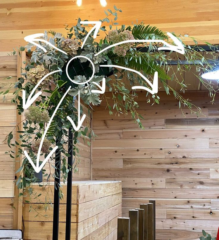 a tall plant with white arrows pointing to the right and left directions in front of a wood paneled wall