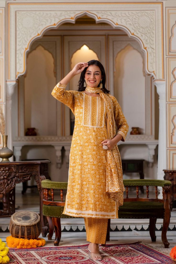 Impress Everyone With Your Stunning Look By Wearing this gorgeous Ethnic Set. The Trendy Work & Designs Speak A Language Of Elegance And Felinity, Using The Finest Quality Fabrics And Is Trendy Fashionable As Well As Comfortable. It Is Light In Weight And Will Be Soft For Your Skin. A Pretty Kurta To Wear At Parties, Functions Or Just Casually Which Is Stylish & comfortable To Wear For Women Or This Kurti And You Will Be A Fashion Statement Every Time With Brand Of Satvi Creations. # Pure Sangan Bohemian Unstitched Kurta With Gota Work, Unstitched Bohemian Kurta With Gota Work, Yellow Mulmul Palazzo Set With Cutdana Details, Yellow Mulmul Palazzo Set With Cutdana, Bohemian Kurta With Gota Work For Navratri, Bohemian Gota Work Kurta For Navratri, Bohemian Bandhani Print Kurta For Wedding, Bohemian Bandhani Kurta For Wedding, Bohemian Wedding Kurta With Bandhani Print