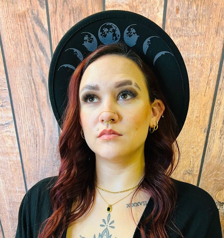 "Welcome to Witchwood's brand new hat line! These wide brim hats are made of sturdy vegan felt and are all hand printed.     Vegan Felt Size: 22.5\" (but size is adjustable and can be sized down, inside the hat) Brim - 2.5\" wide Hat Color - Black Print Color - Charcoal   Hats will ship in 7-10 business days from date of order" Wide Hat, Goth Witch, Types Of Hats, Floppy Sun Hats, Hat Beret, Wide Brim Hats, Brim Hats, Suede Belt, Black Accessories