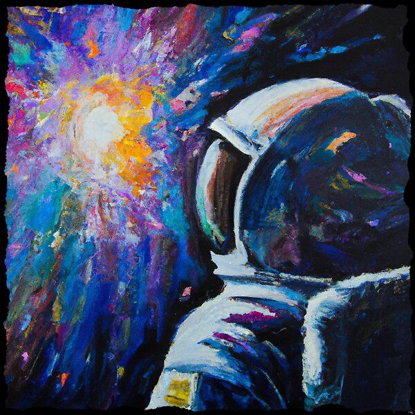 an oil painting of an astronaut's helmet in front of a colorful explosion of light