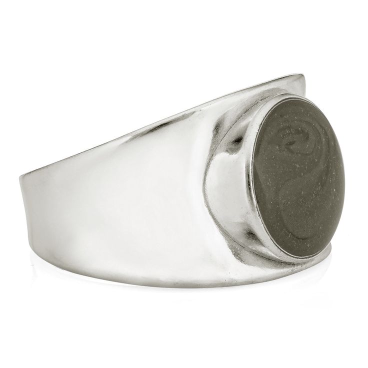 CBM-289 Keep your loved one close with this .925 sterling silver statement ring, featuring the solidified ashes of your dearest love nestled within a gently curving concave band. Dimensions:Setting: 12mmBand Width: 14mm to 5mm (tapers) All dimensions are approximate and may vary slightly with every casting. Please Note: Jewelers recommend increasing your true ring size measurement by a half-size to accommodate this ring's wide band. The inside band on this piece can accommodate an engraving of u Silver Jewelry For Promise Ring With Polished Edges, Silver Jewelry With Wide Band And Polished Edges, Sterling Silver Rings For Memorial, Oval Jewelry With Polished Edges For Anniversary, Modern Silver Jewelry With Smooth Bezel, Oval Silver Jewelry With Tension Setting, Modern Silver Signet Ring With Tension Setting, Silver Jewelry With Smooth Bezel And Round Band, Memorial Engraved Sterling Silver Ring