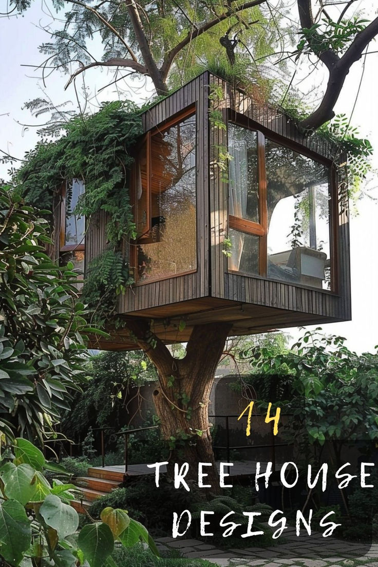 the tree house is surrounded by greenery and trees