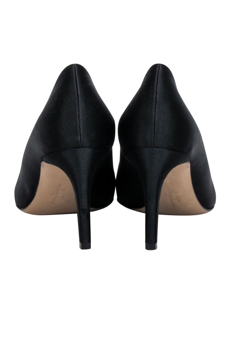 Step out in style with these Ferragamo pumps! In a sleek black satin material with a pointed toe and bow front, they'll pair perfectly with a fancy party dress. Your feet will be ready for any social season event! Size 8 Made in Italy Satin upper Leather lining and sole Black and gunmetal bow toe detail Pointed toe Minor blemishes on heel Heel height 3" Ferragamo Pumps, Salvatore Ferragamo Shoes, Buy Shoes Online, Fancy Party, Fancy Dresses Party, Satin Bow, Satin Material, Italian Luxury, Sweater Weather