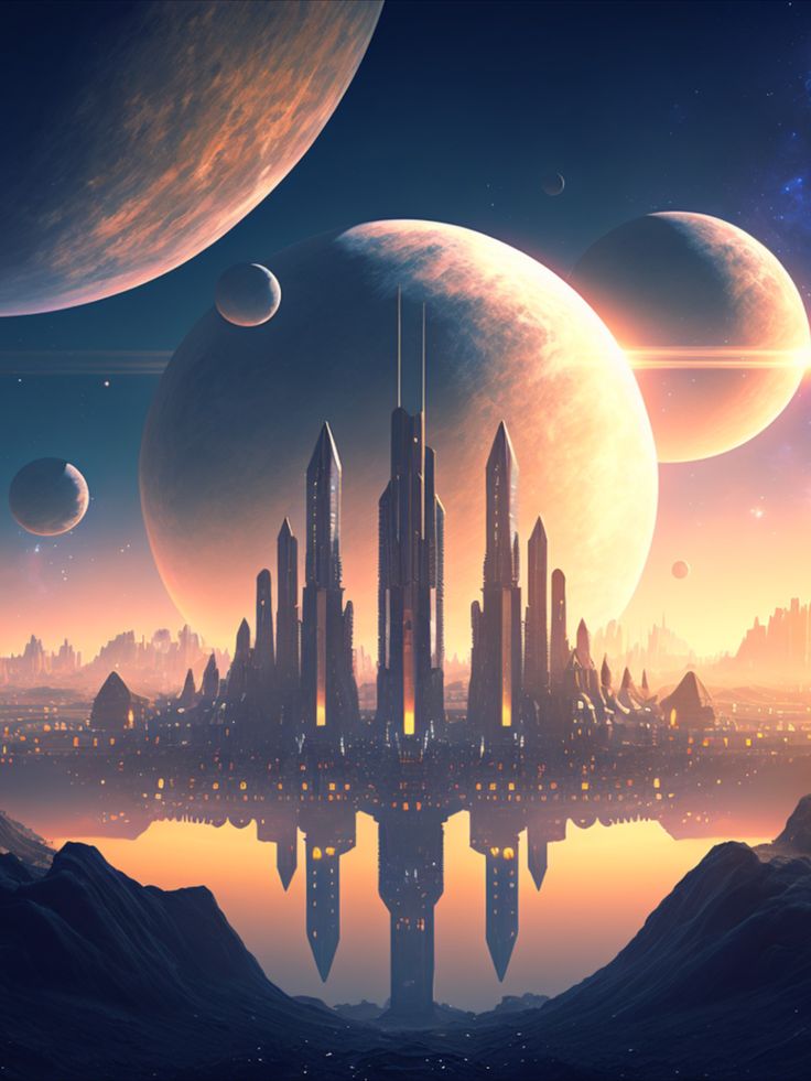 a futuristic city surrounded by planets in the sky with mountains and water on either side