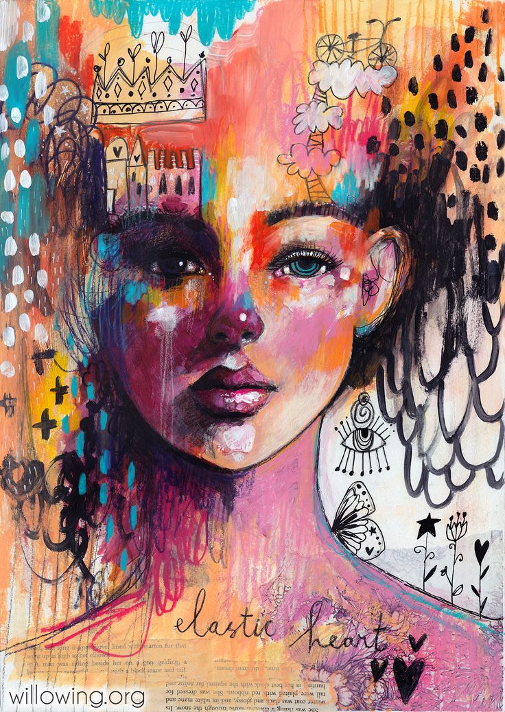 a painting of a woman's face with lots of different things on it