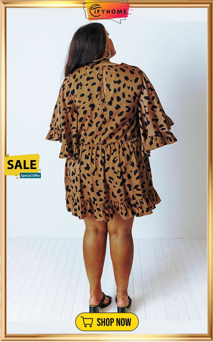 Plus Size Leopard Shift Dress with Ruffle Casual Peplum Dress With Ruffle Hem, Casual Peplum Dress With Ruffles, Casual Ruffled Peplum Dress, Ruffle Hem Dress With Flutter Sleeves For Fall, Peplum Dress With Ruffle Hem For Brunch, Brown Short Sleeve Mini Dress With Ruffles, Brown Ruffled Short Sleeve Mini Dress, Brown Ruffled Mini Dress With Short Sleeves, Day Out Peplum Dresses With Ruffles