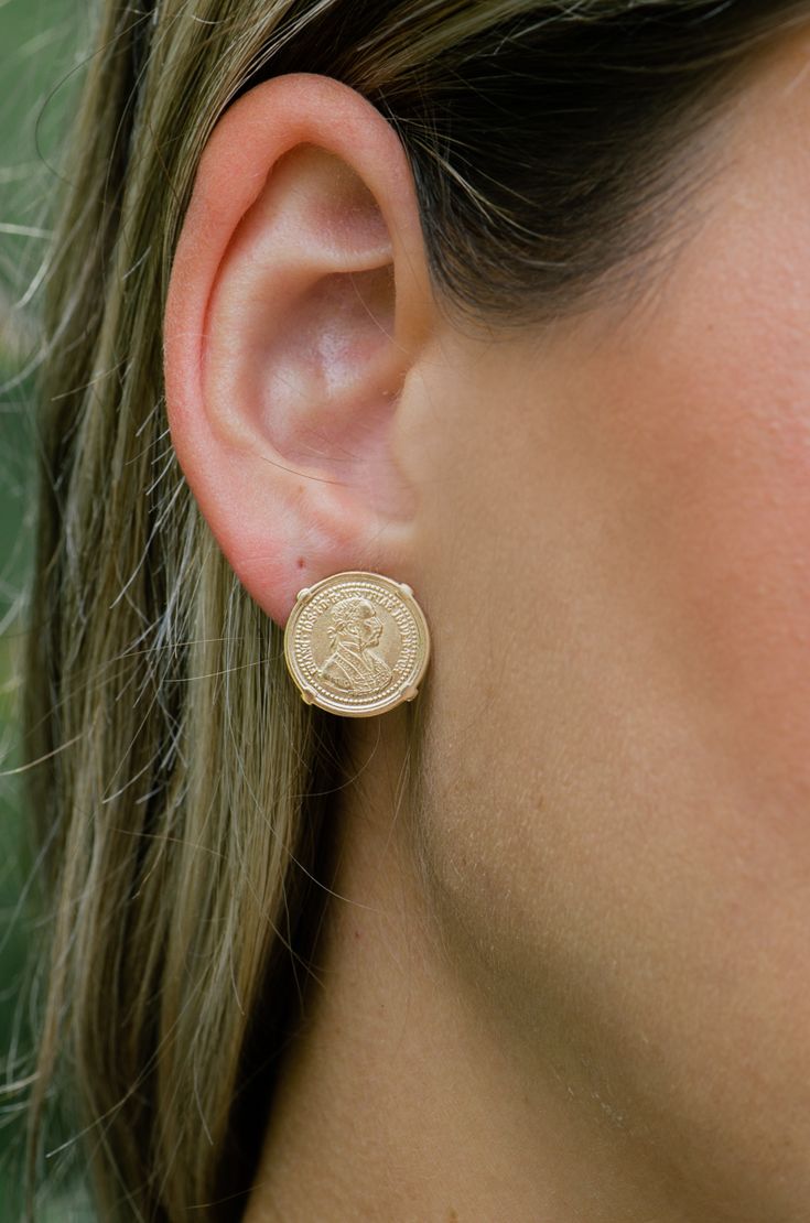 -18k Gold Plated stud earrings with four vintage Coins. -Measures .5" Length -Handmade in Brazil -18k gold plated over brass -Please note that our brand uses natural semi-precious stones-each piece has a unique texture, shine, and color. Gold Plated Tarnish Resistant Clip-on Earrings For Anniversary, Vintage Coin-shaped Gold Plated Jewelry, 14k Gold Plated Earrings, Classic Plated Earrings As Gift, Classic Plated Earrings For Gifts, Nickel-free Vintage Gold-plated Earrings, Vintage Gold Plated Nickel Free Earrings, Tarnish Resistant Gold Plated Coin Jewelry, Gift Gold Plated Tarnish Resistant Clip-on Earrings