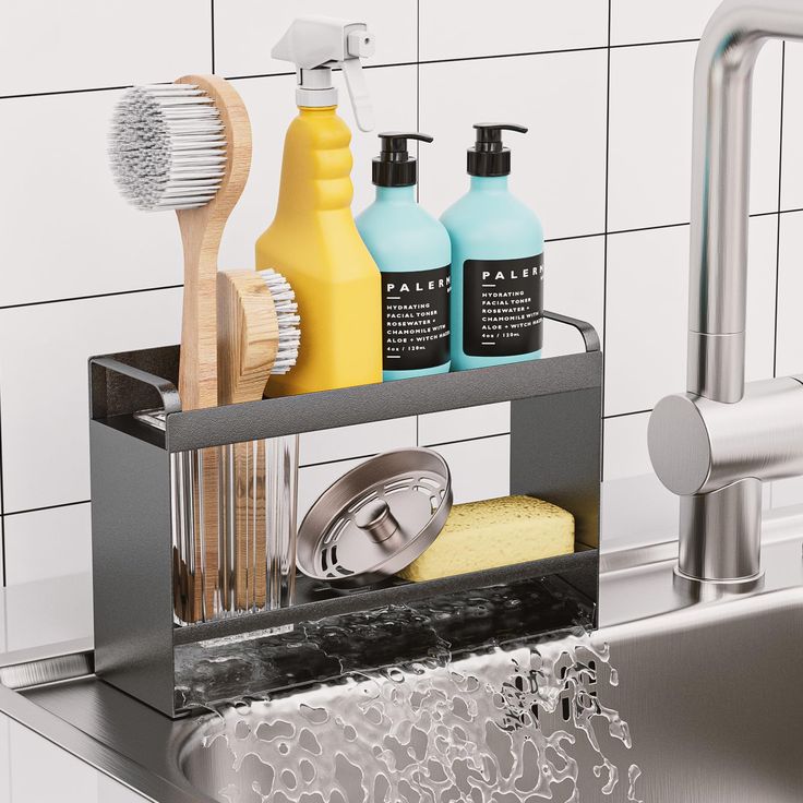 a sink with soap, toothbrushes and other bathroom items on the shelf next to it