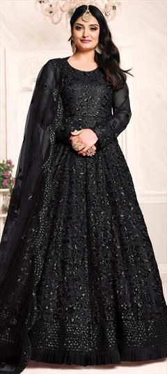 Black and Grey color Salwar Kameez in Net fabric with Sequence, Thread work Semi-stitched Black Churidar With Self Design, Black Floor-length Anarkali Set With Sheer Dupatta, Party Black Anarkali Set With Sheer Dupatta, Black Anarkali Churidar Floor-length, Black Embroidered Floor-length Salwar Kameez, Black Floor-length Traditional Wear For Formal Events, Black Wedding Lehenga With Dabka Work, Wedding Lehenga With Dabka Work In Black, Black Floor-length Anarkali Salwar Kameez