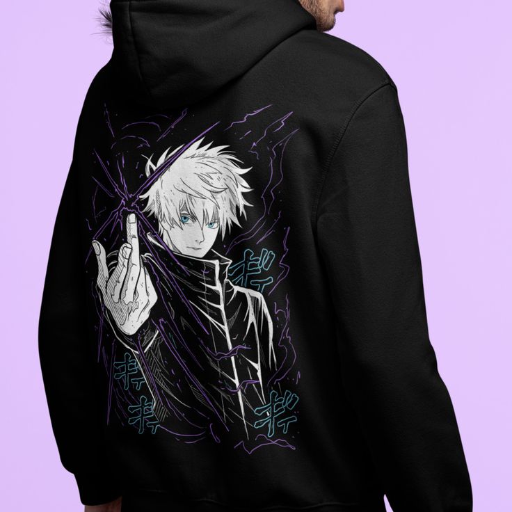 JJK Jujutsu Kaisen Gojo Satoru Hooded Sweatshirt Anime Unisex ALL Sizes S-5XL (Made After Order)  A unisex heavy blend hooded sweatshirt is relaxation itself. The material is a thick blend of cotton and polyester. This makes for a plush, soft feel alongside warmth. It's also a great surface for printing. There are no side seams. A spacious kangaroo pocket hangs in front. The hood's drawstring is the same color as the base sweater.  .: 50% Cotton 50% Polyester .: Medium-heavy fabric (8.0 oz/yd² ( Hooded Outerwear With Anime Print, Anime Print Hooded Top For Cosplay, Anime Style Hooded Winter Sweatshirt, Winter Anime Style Hooded Sweatshirt, Black Anime Style Hooded Outerwear, Black Anime Hooded Outerwear, Black Hooded Anime Outerwear, White Anime Hoodie For Winter, White Anime Hooded Sweatshirt