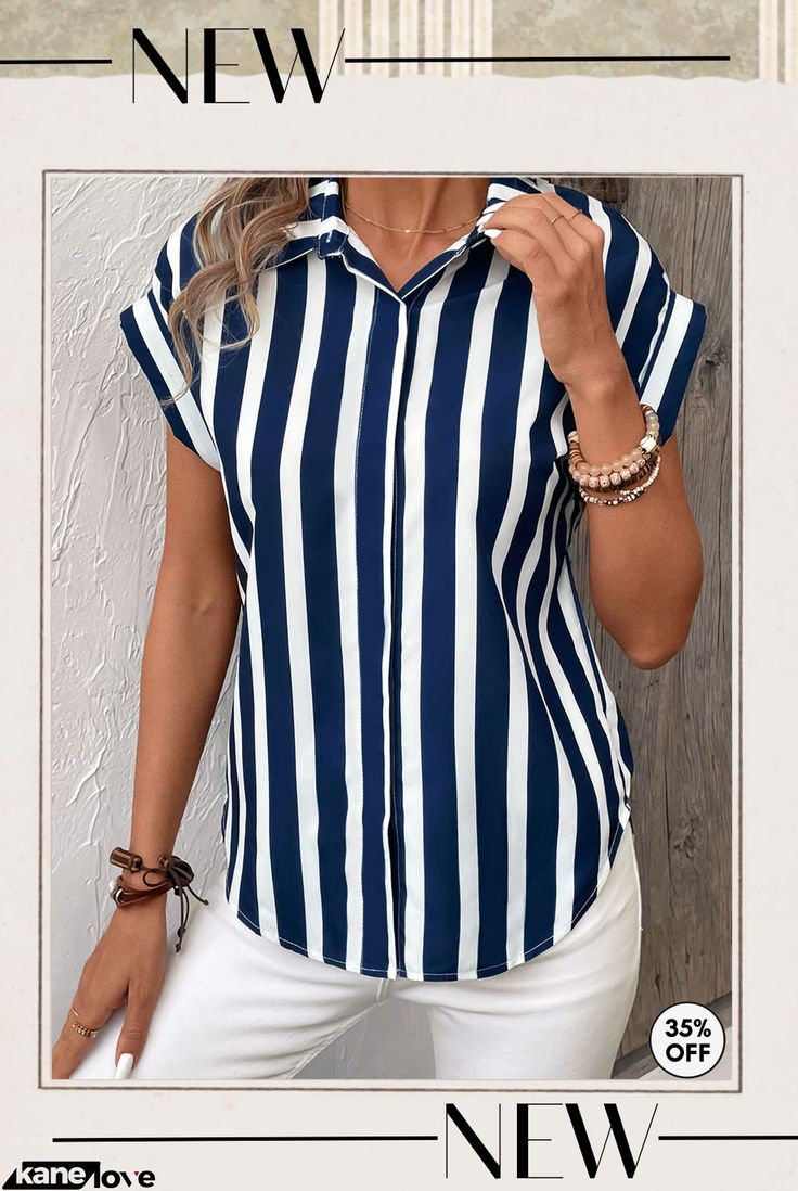 Navy Button Striped Short Sleeve Shirt Collar Blouse Casual Striped Blouse For The Office, Casual Striped Office Blouse, Summer Collared Blouse With Button Closure, Summer Blouse With Button Closure And Collared Neckline, Summer Blouse With Collar And Button Closure, Trendy Summer Blouse With Placket, Casual Beach Blouse With Collared Neckline, Casual Collared Beach Blouse, Striped Collared Blouse For Beach