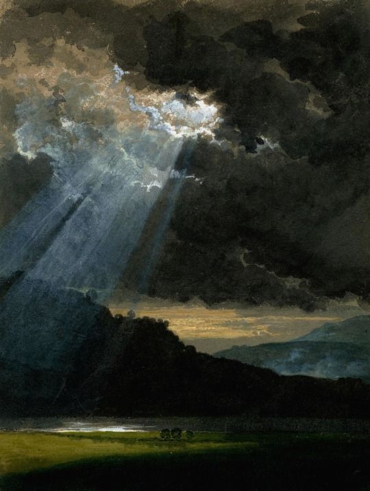 an image of a painting with clouds and sun rays coming from the sky above it