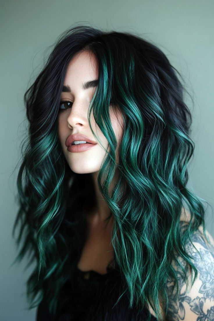 Discover a remarkable way to showcase your uniqueness with green ombre hair. This fun and trendy style captivates attention with its vibrant green tips gradually transitioning into a lighter shade, often melting into a soft blonde near the roots. Ideal for short hairstyles, this color fusion offers a fresh and striking vibe that instantly elevates your look. Achieve the desired bold effect by opting for high-quality dye to guarantee seamless blending and long-lasting vividness. Balayage Fashion Colors, Emerald Ombre Hair, Hair Fun Colors, Fun Hair Color In Your 30s, Hair Color For Short Hair Morena, Blue Hair With Green Tips, Fun Ombre Hair Color, Emerald Green Balayage Hair, Dark Hair With Fun Colors