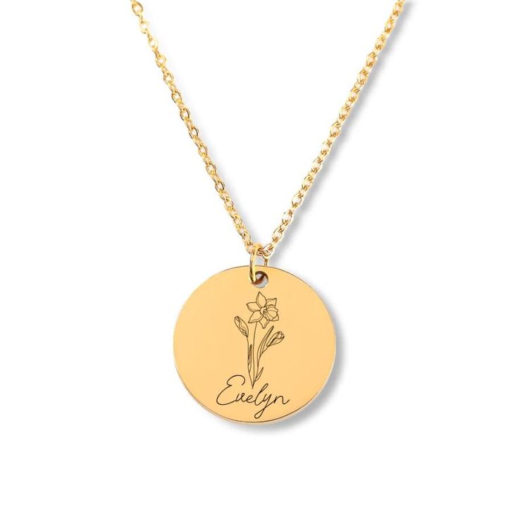 More than just a necklace...Jewelry with an eternal emotional value Create a truly unique gift by personalizing this necklace with a name and a birth flower. Optionally, you can choose to give the necklace an even more personal touch by adding a custom message or coordinates on the back. Why this necklace is for YOU! ✅ Eternalize a significant moment ✅ A gift straight from the heart ✅ The perfect gift for birthdays, anniversaries, friends, etc. How it works? Choose your favorite color (Silver, G