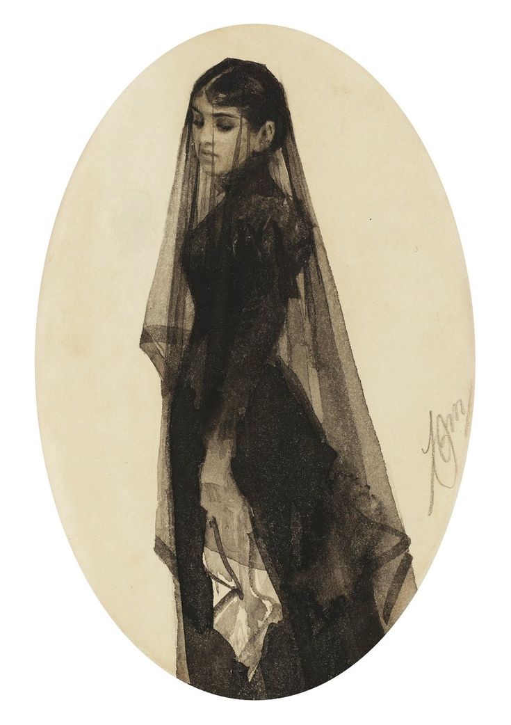 a drawing of a woman in a black dress with a veil on her head, standing and looking off to the side