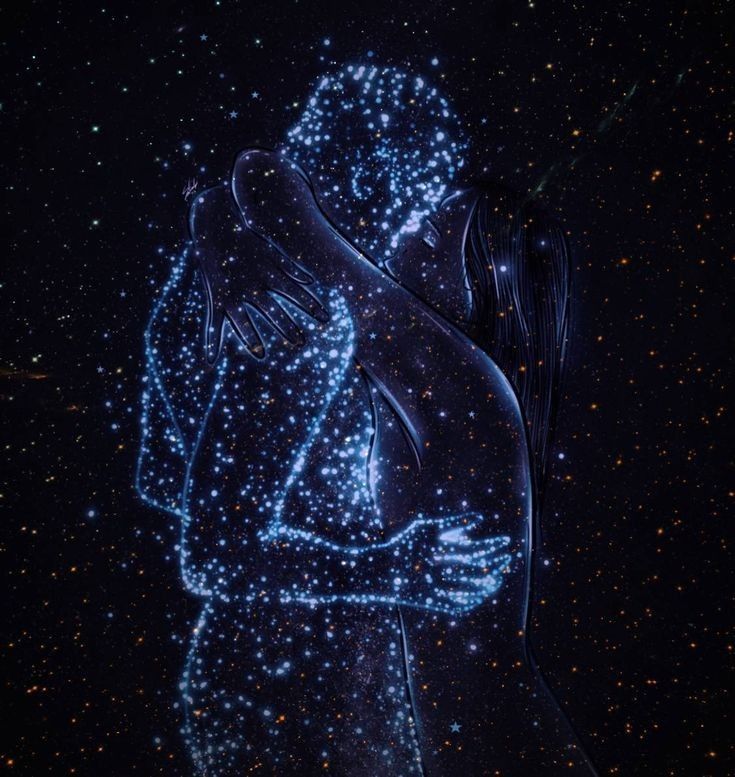 a woman's body is projected in the dark with stars all around her and behind her