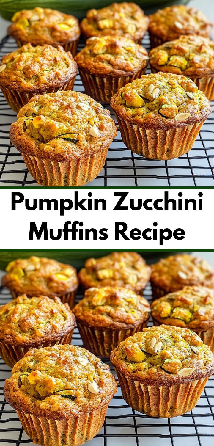 pumpkin zucchini muffins are cooling on a wire rack with the words, pumpkin zucchini muffins recipe