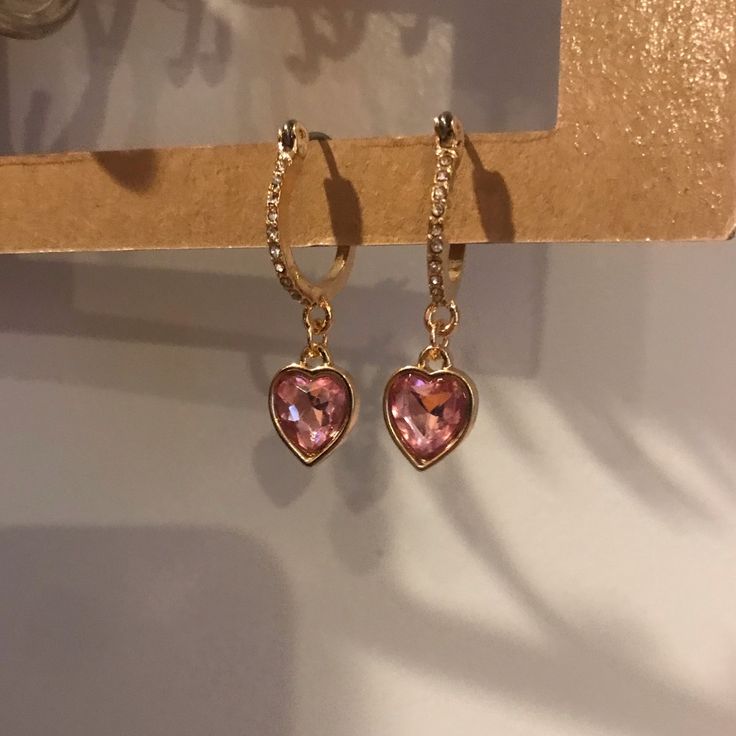 Hi Everyone!! These Are Pink Crystal Heart Earrings That Are Dangling Down From Crystal Plated Hoops! These Earrings Are Gold Plated. They Are Waterproof But May Begin To Tarnish If Completely Soaked With Water. They Are Not Too Heavy And Are Lighter In Weight! These Earrings And Brand New And Have Been Handled With Care. Pink Quince Earrings, Pink Heart Earrings Aesthetic, Heart Earrings Pink, Dangle Heart Earrings, Pink Dangle Heart Earring, Valentine's Day Party Hoop Earrings With Heart Charm, Pink Heart Charm Hoop Earrings For Valentine's Day, Pink Hoop Earrings With Heart Charm For Valentine's Day, Pink Heart Drop Earrings For Pierced Ears