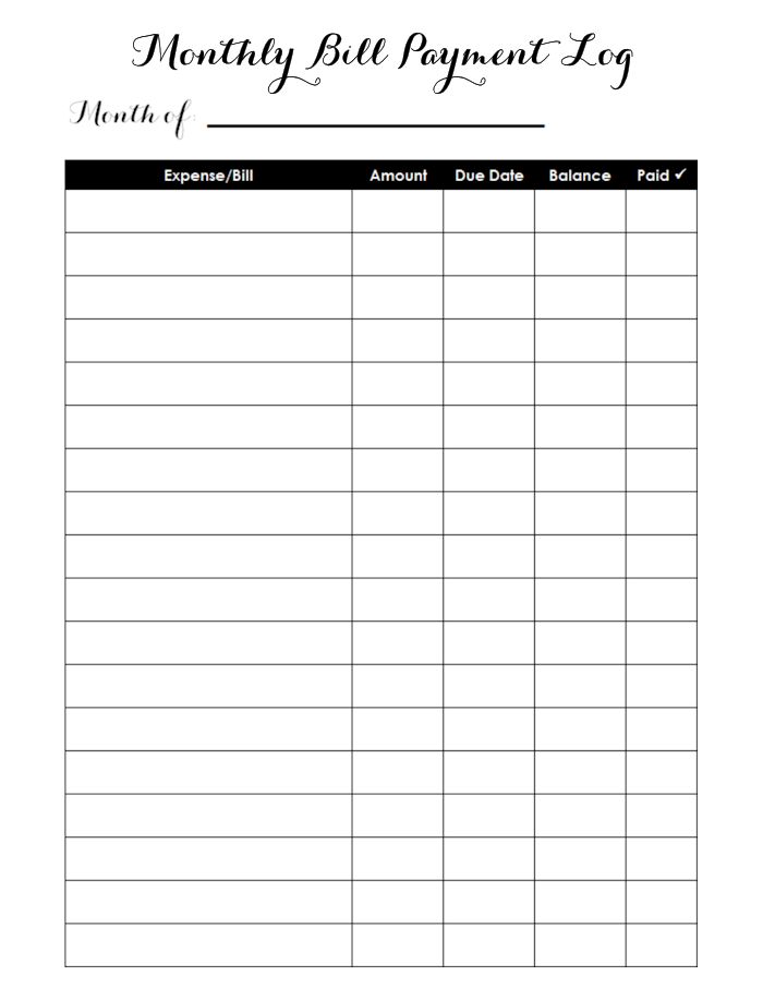 the printable bill payout log is shown in black and white, with an image of