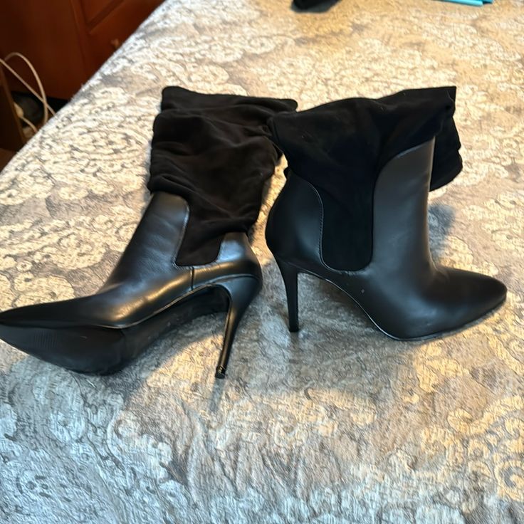 Brand New. Never Worn. Side Zip Suede Almond Toe Boots For Night Out, Suede Boots With Almond Toe For Night Out, Black Boots With Wrapped Heel For Work, Black Boots With Wrapped Heel And Round Toe, Black Closed Toe Boots With Wrapped Heel, Black Pointed Toe Boots With Wrapped Heel, Casual Evening Boots In Faux Leather, Casual Faux Leather Boots For Evening, Casual Evening Faux Leather Boots