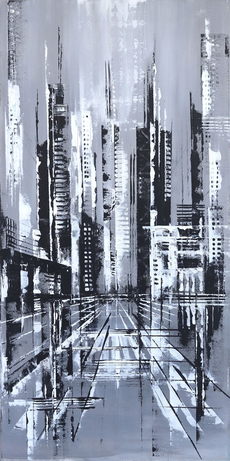 an abstract cityscape with buildings and lines in black and white, on a gray background