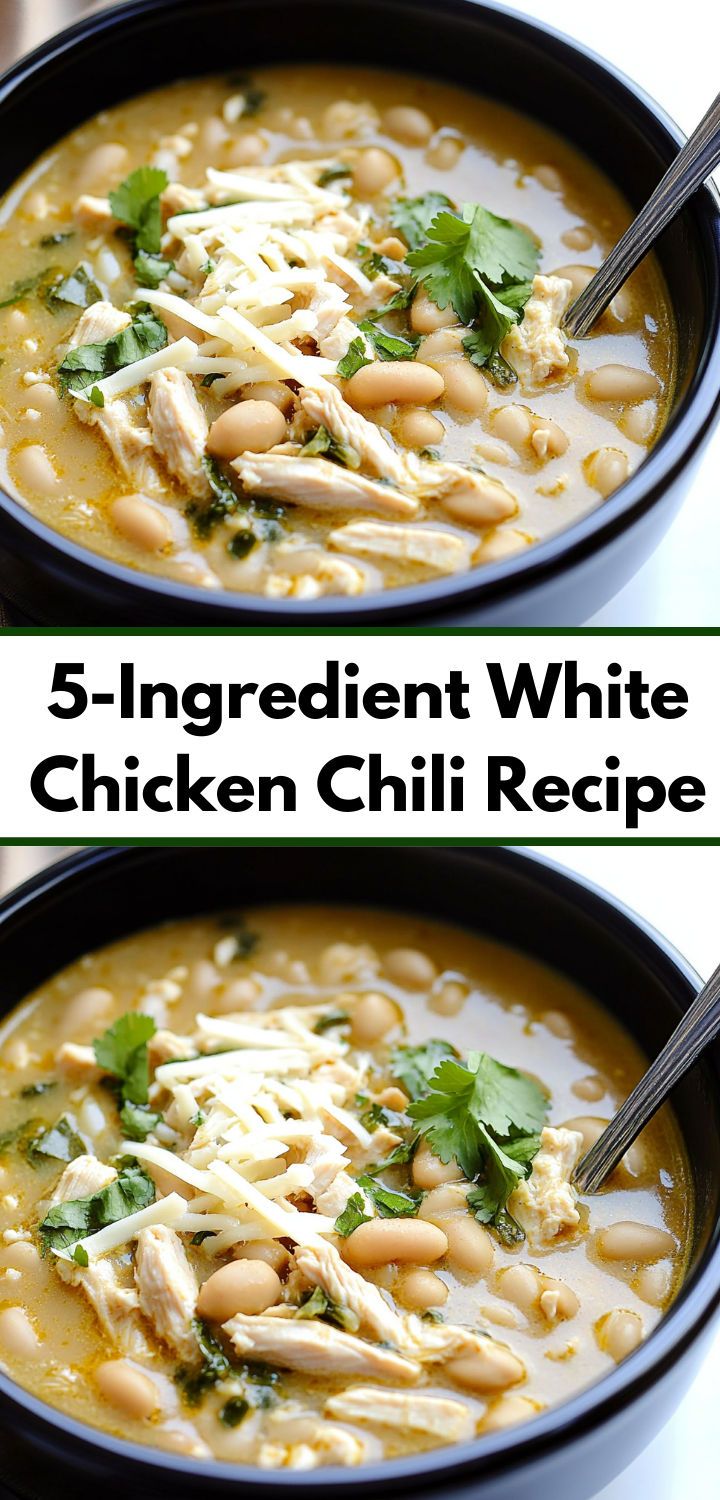 two bowls of white chicken chili with cheese and cilantro on top, one bowl is filled with the same soup